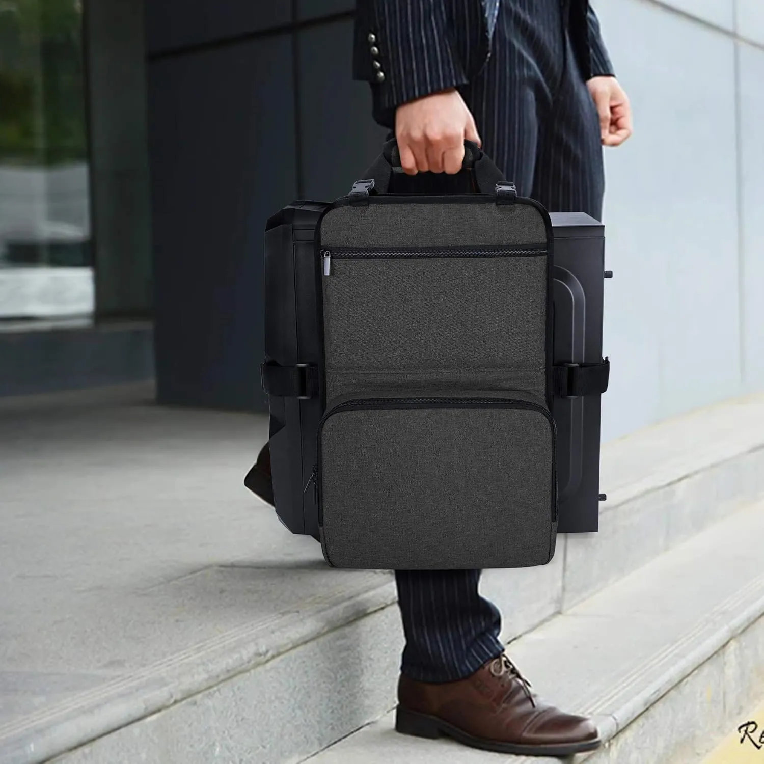 Trunab PC Tower Carrying Strap with Handle, Desktop Computer Case Belt Holder with Pockets for Keyboard, Cable, Headphone, Ideal for Transporting On The Go, Black - Patented Design