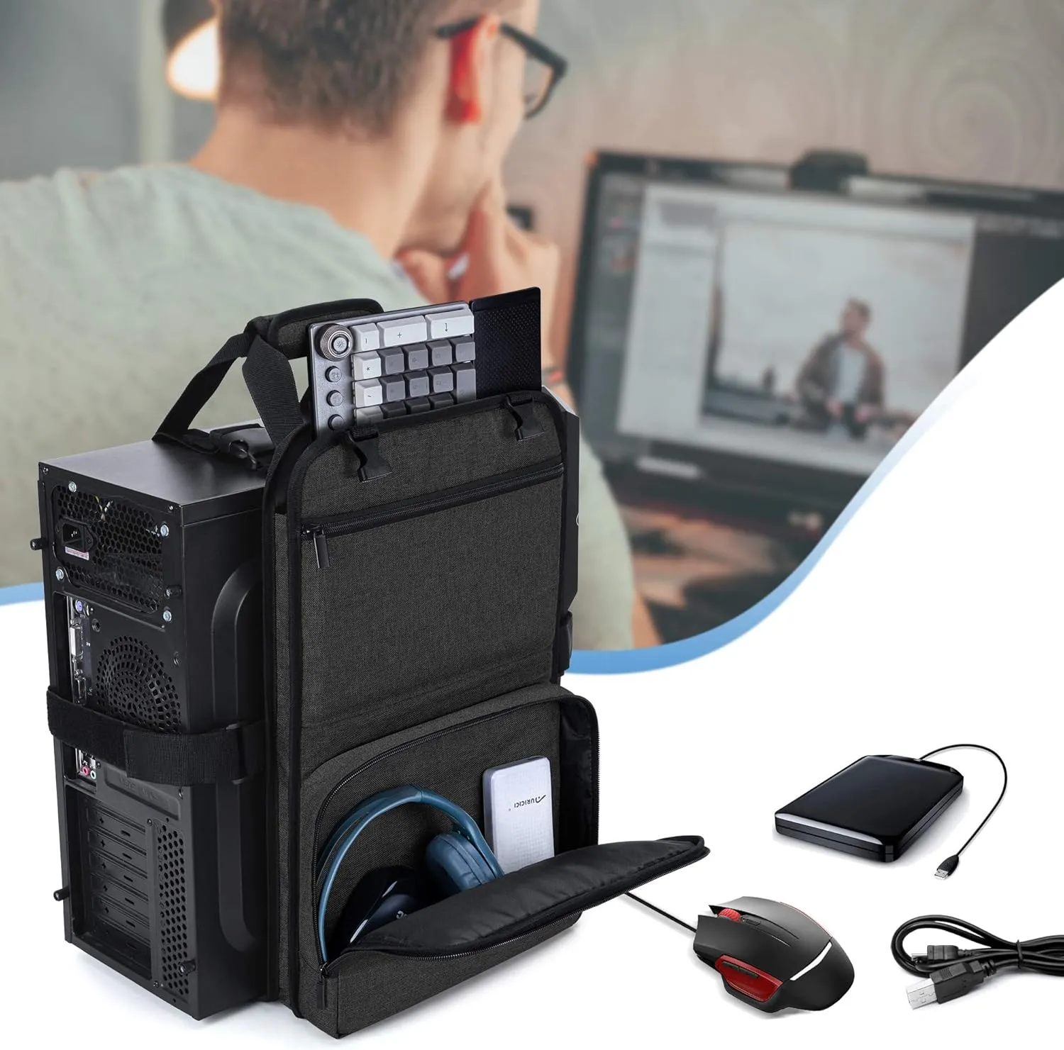 Trunab PC Tower Carrying Strap with Handle, Desktop Computer Case Belt Holder with Pockets for Keyboard, Cable, Headphone, Ideal for Transporting On The Go, Black - Patented Design