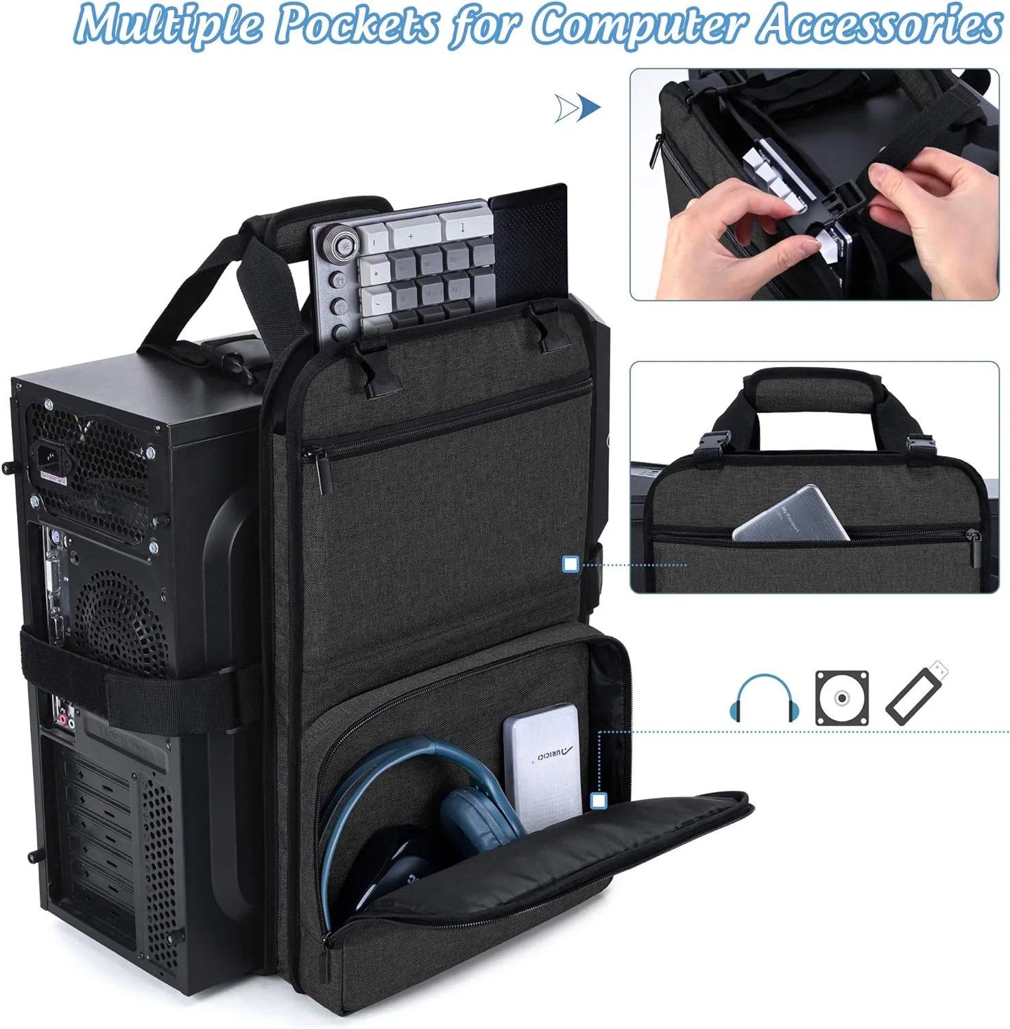 Trunab PC Tower Carrying Strap with Handle, Desktop Computer Case Belt Holder with Pockets for Keyboard, Cable, Headphone, Ideal for Transporting On The Go, Black - Patented Design
