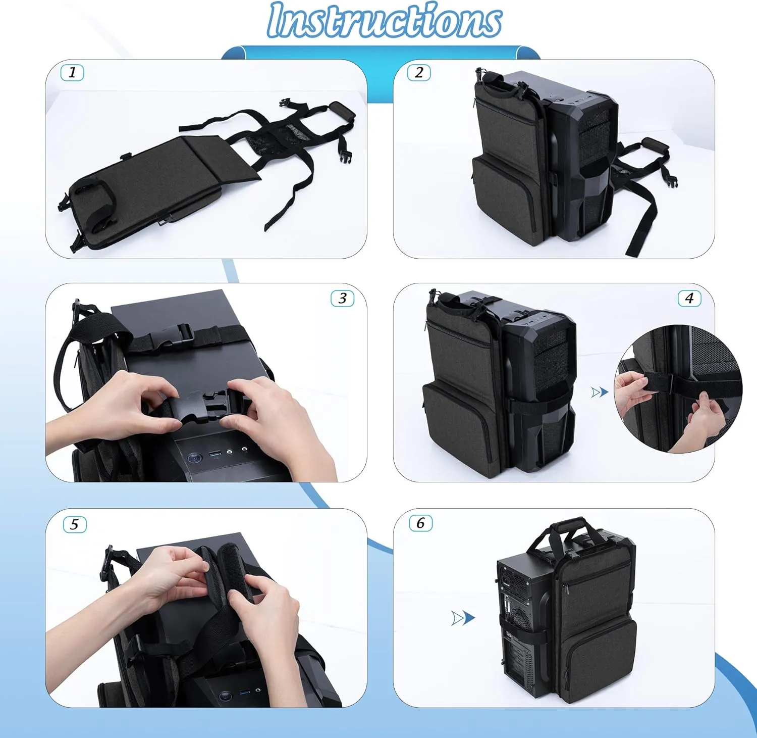 Trunab PC Tower Carrying Strap with Handle, Desktop Computer Case Belt Holder with Pockets for Keyboard, Cable, Headphone, Ideal for Transporting On The Go, Black - Patented Design