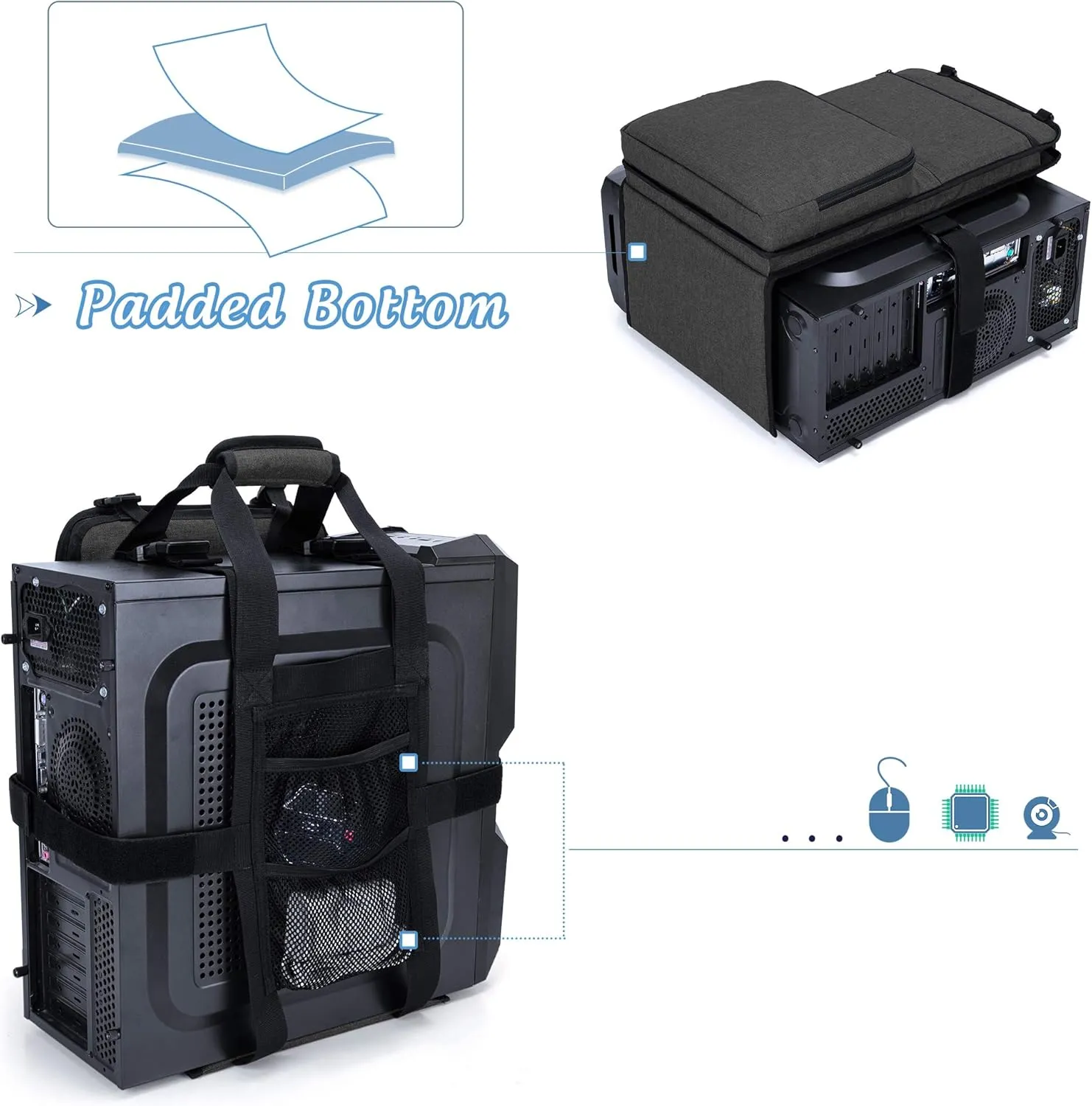 Trunab PC Tower Carrying Strap with Handle, Desktop Computer Case Belt Holder with Pockets for Keyboard, Cable, Headphone, Ideal for Transporting On The Go, Black - Patented Design