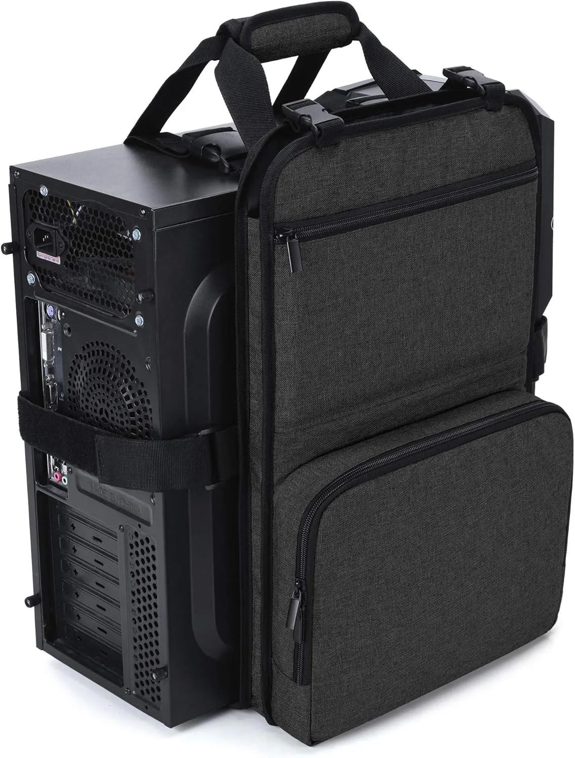 Trunab PC Tower Carrying Strap with Handle, Desktop Computer Case Belt Holder with Pockets for Keyboard, Cable, Headphone, Ideal for Transporting On The Go, Black - Patented Design