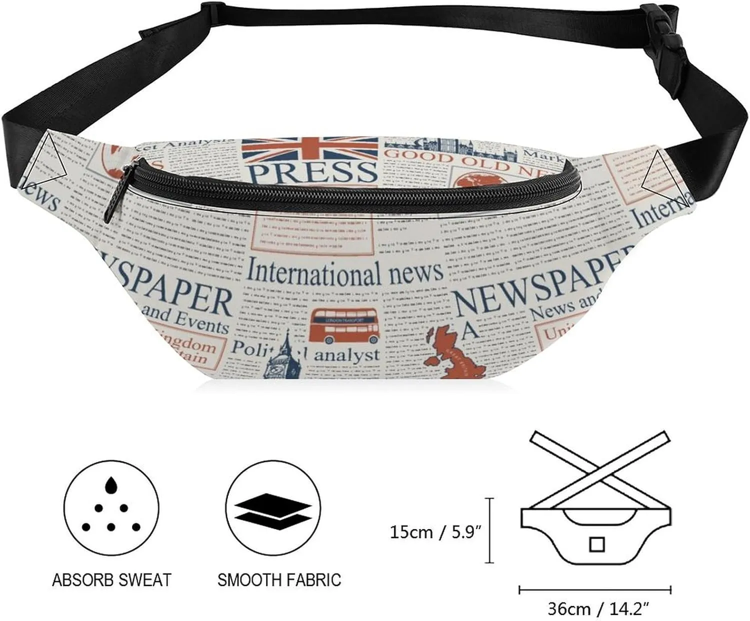 UK Or London Newspaper Large Crossbody Fanny Packfor Women Men Waist Pack for Running with Adjustable Strap for Sports Casual Bag 36 * 15cm