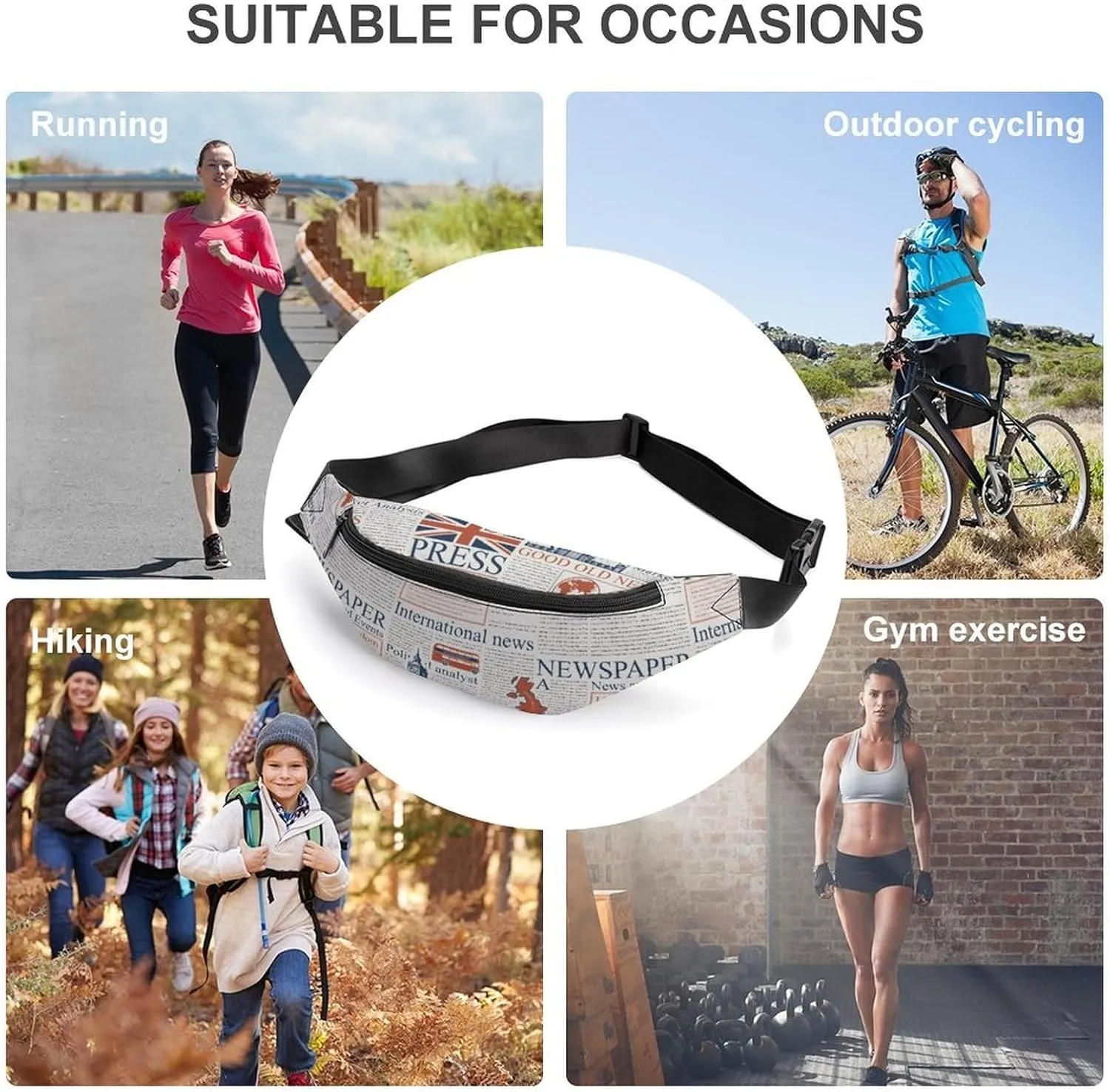 UK Or London Newspaper Large Crossbody Fanny Packfor Women Men Waist Pack for Running with Adjustable Strap for Sports Casual Bag 36 * 15cm