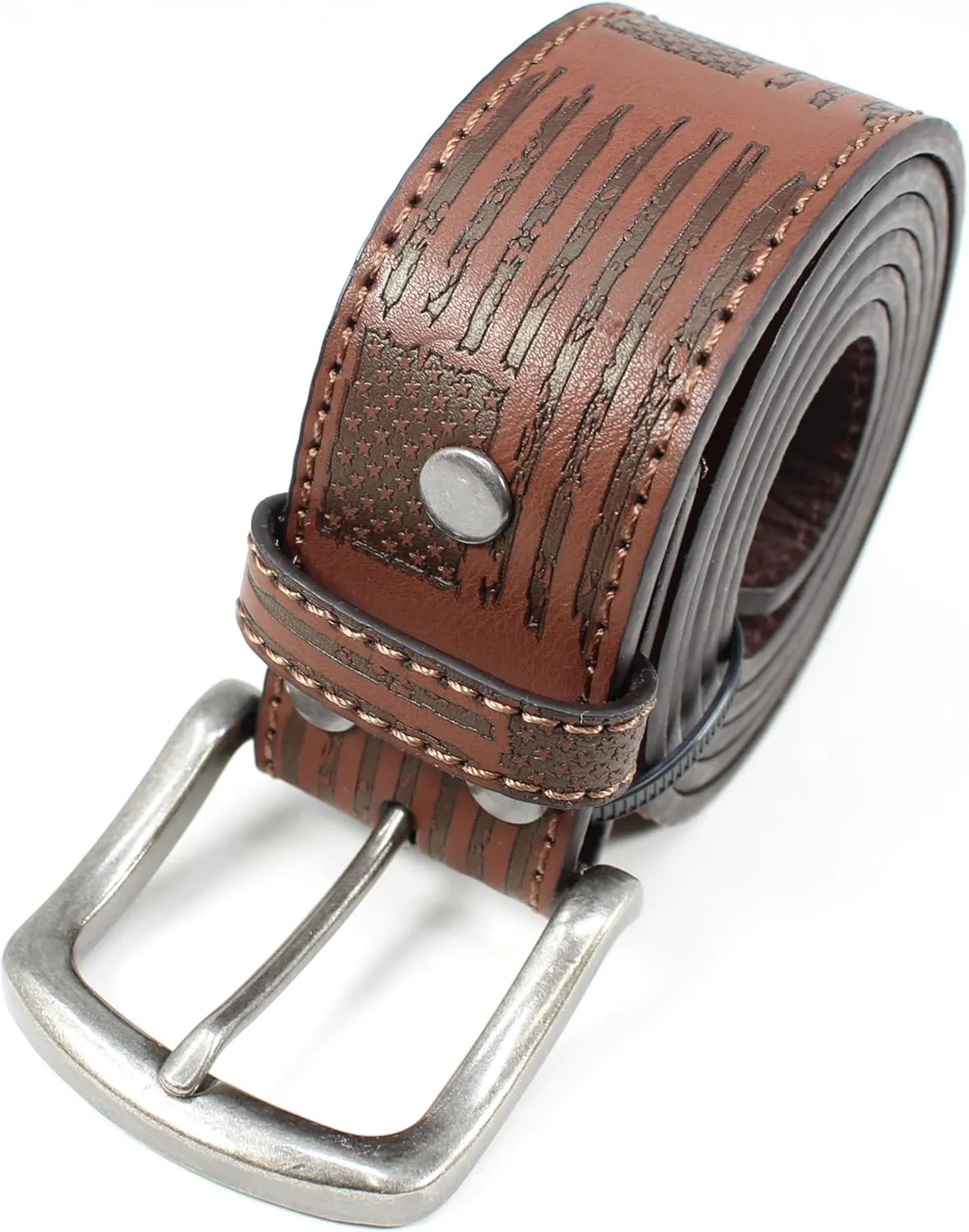 USA Flag Leather Belt Strap Metal Buckle 1.5" Wide with Snaps - American Patriotic Stars Stripes Spartan