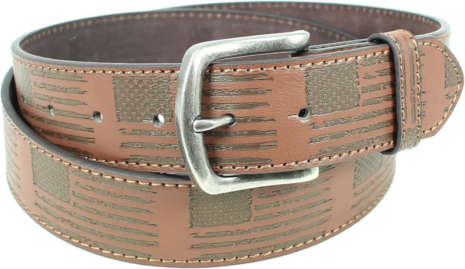 USA Flag Leather Belt Strap Metal Buckle 1.5" Wide with Snaps - American Patriotic Stars Stripes Spartan