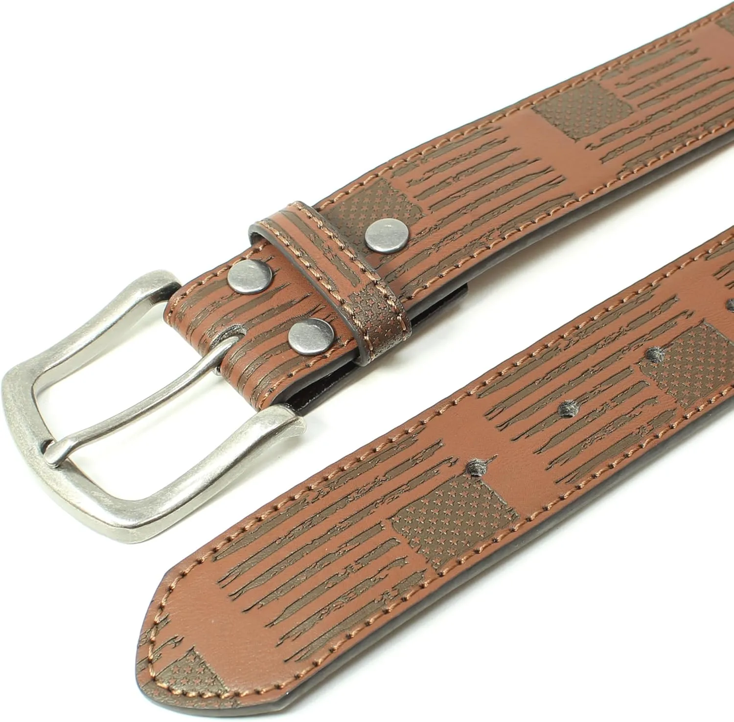 USA Flag Leather Belt Strap Metal Buckle 1.5" Wide with Snaps - American Patriotic Stars Stripes Spartan