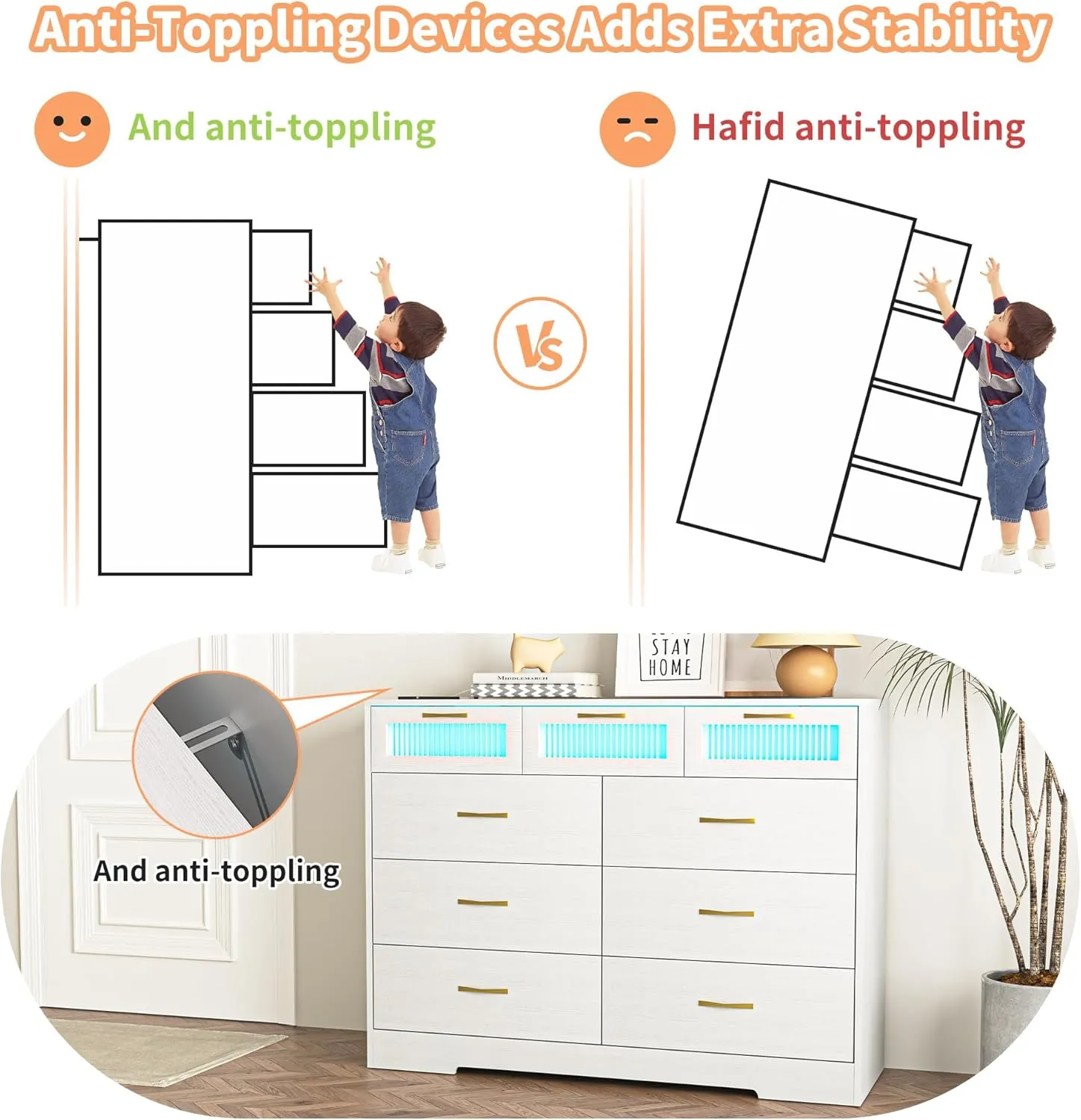 Vibe & Dine 9 Drawer Dresser with LED Lights and Charging Station, Modern Chest of Drawers Closet Organizer, Wood Wide Storage Dresser for Bedroom, Living Room