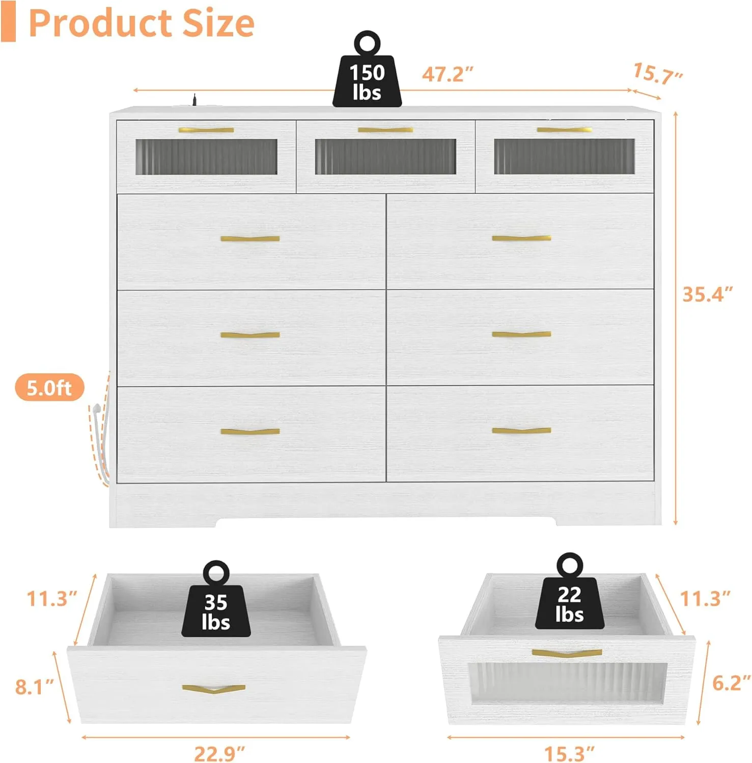 Vibe & Dine 9 Drawer Dresser with LED Lights and Charging Station, Modern Chest of Drawers Closet Organizer, Wood Wide Storage Dresser for Bedroom, Living Room