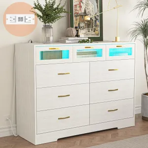 Vibe & Dine 9 Drawer Dresser with LED Lights and Charging Station, Modern Chest of Drawers Closet Organizer, Wood Wide Storage Dresser for Bedroom, Living Room
