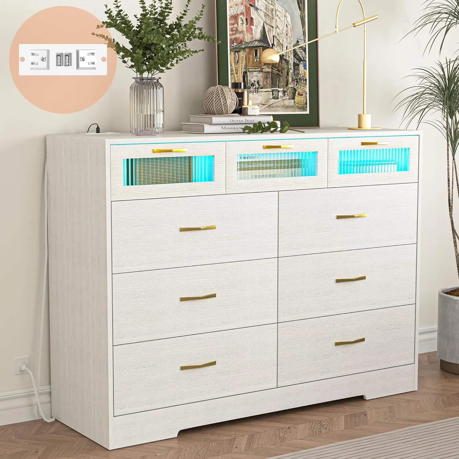 Vibe & Dine 9 Drawer Dresser with LED Lights and Charging Station, Modern Chest of Drawers Closet Organizer, Wood Wide Storage Dresser for Bedroom, Living Room