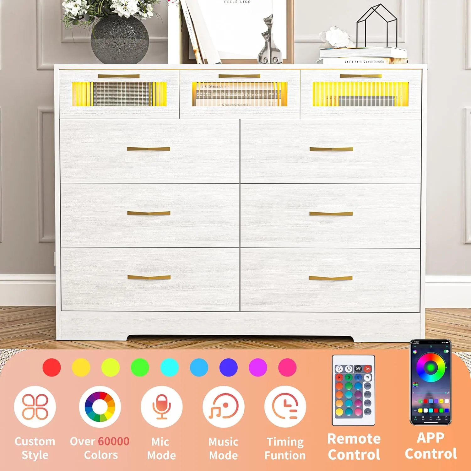 Vibe & Dine 9 Drawer Dresser with LED Lights and Charging Station, Modern Chest of Drawers Closet Organizer, Wood Wide Storage Dresser for Bedroom, Living Room