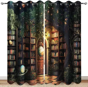 Vintage Bookshelf Galaxy Blackout Curtains Book Bookcase Tree Flowers Planet Starry Sky Star Decor Bedroom Study Classroom Living Room Darkening Grommet Window Drapes 2 Panel Set, 52x84 Inch