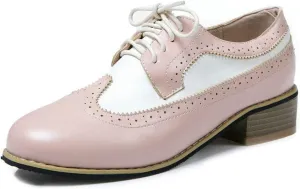 VOKLIN Women's Two Tone Flat Saddle Oxfords Shoes Wingtip Perforated Lace Up Low Heel Vintage Oxford Brogues