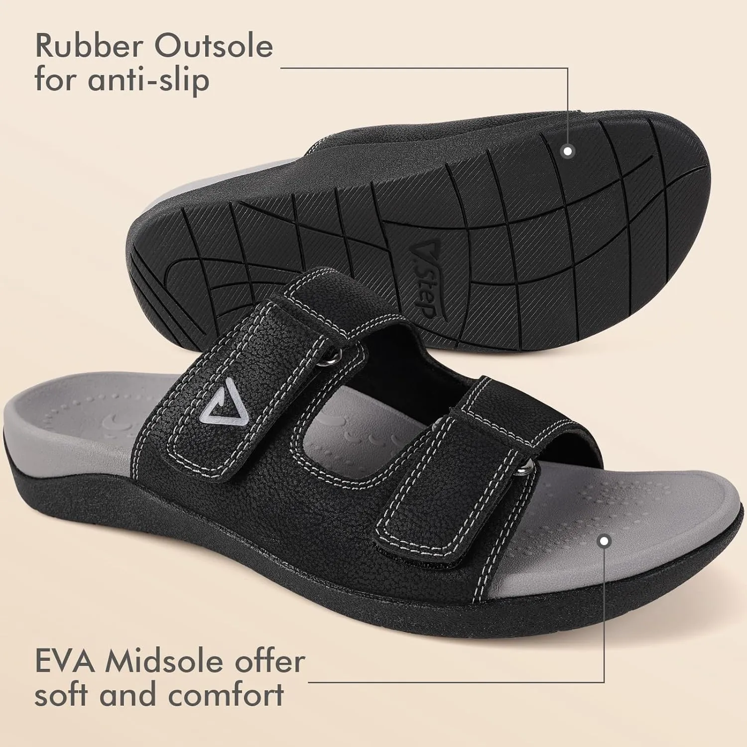 V.Step Orthopedic Slides with Arch Support for Women Men, Adjustable Orthotic Sandals for Plantar Fasciitis Pain Relief Indoor Outdoor Black W8/M7