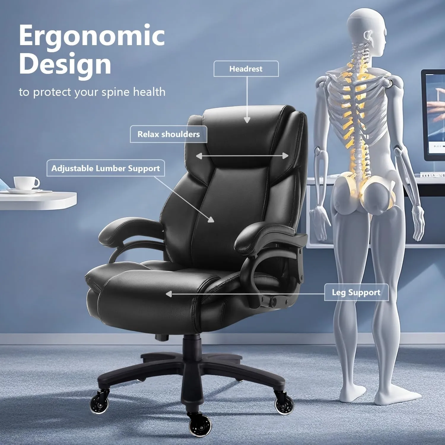 Waleaf 500lbs Big and Tall Office Chair, Heavy Duty Chair for Heavy People, Adjustable Ergonomic Lumbar Support Executive Chair, Large High Back and Quiet Rubber Wheels