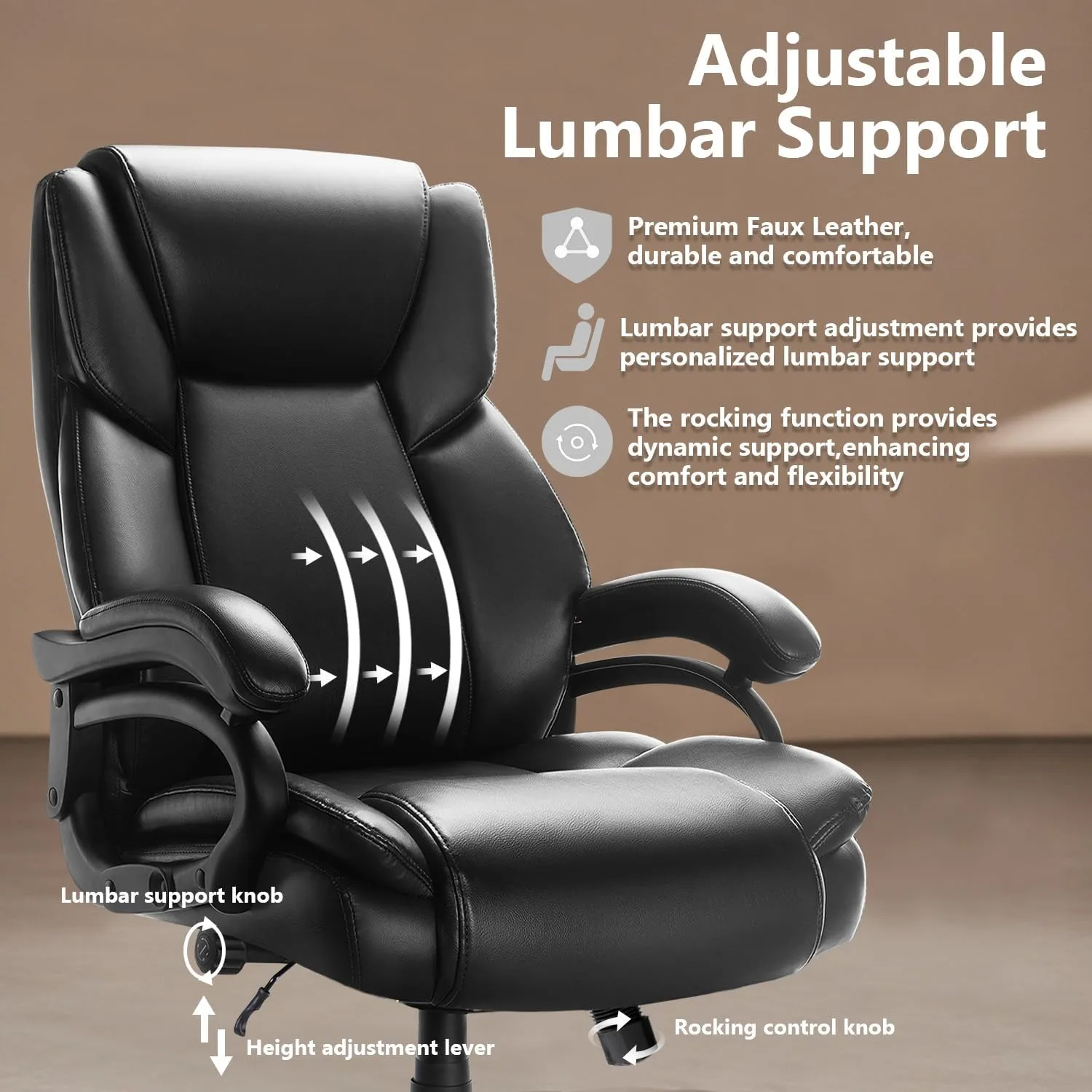 Waleaf 500lbs Big and Tall Office Chair, Heavy Duty Chair for Heavy People, Adjustable Ergonomic Lumbar Support Executive Chair, Large High Back and Quiet Rubber Wheels