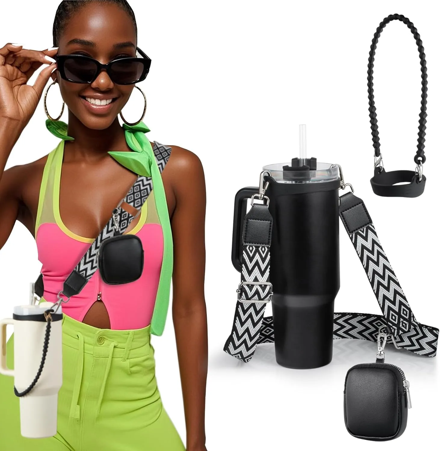 Water Bottle Handle for Stanley Cup 40/30/20 OZ, Holder for Owala/Hydroflask/Simple Modern/Yeti Tumbler, Handle with Strap Fits Most 8-40oz Bottles, Sling for Stanley Cup Accessories