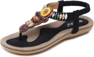 Women T-Strap Beaded Flower Gladiator Flat Dress Sandals Beach Shoes Bohemian Thong Sandal Elastic Back Strap Clip Toe Flats Sandals Summer Bohemian Rhinestone Slingback Beach Flip Flops Shoes