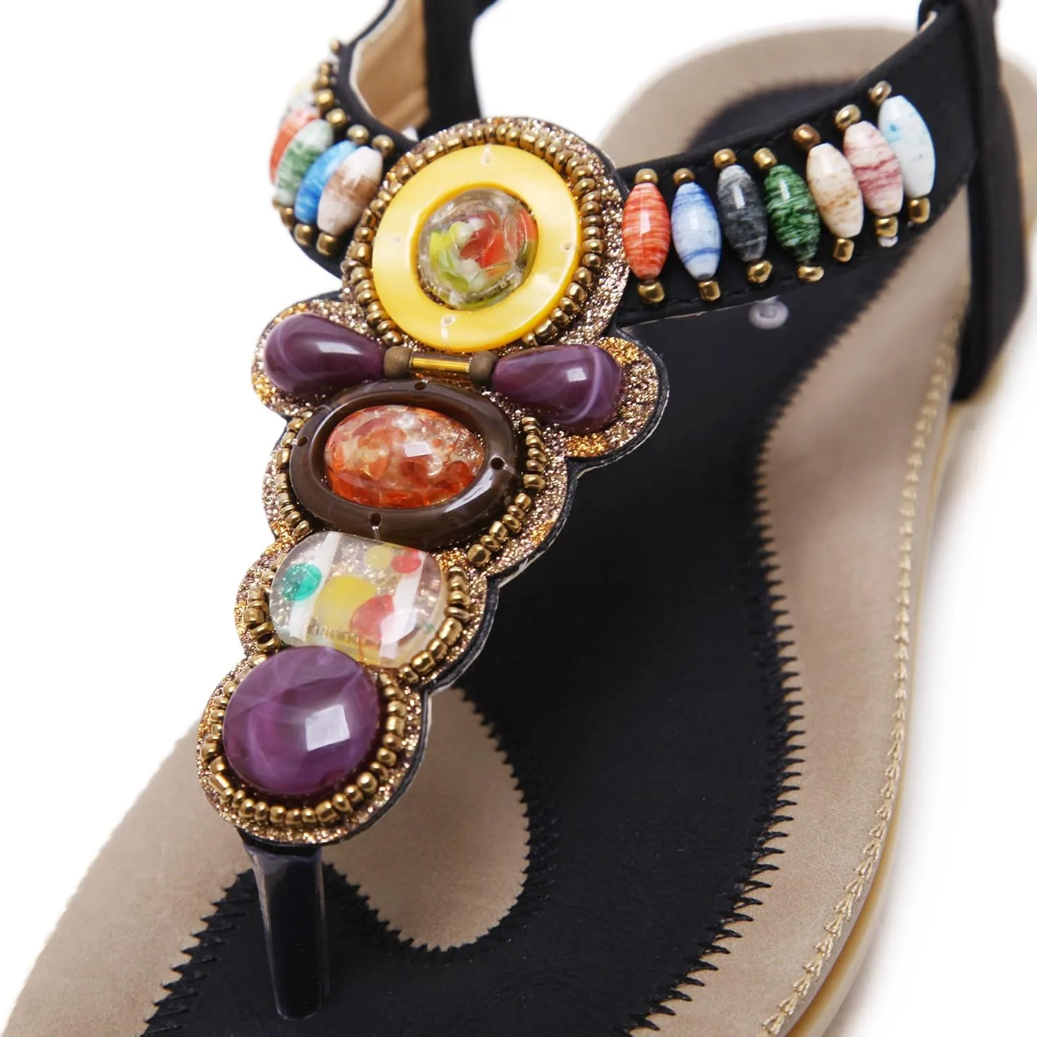 Women T-Strap Beaded Flower Gladiator Flat Dress Sandals Beach Shoes Bohemian Thong Sandal Elastic Back Strap Clip Toe Flats Sandals Summer Bohemian Rhinestone Slingback Beach Flip Flops Shoes