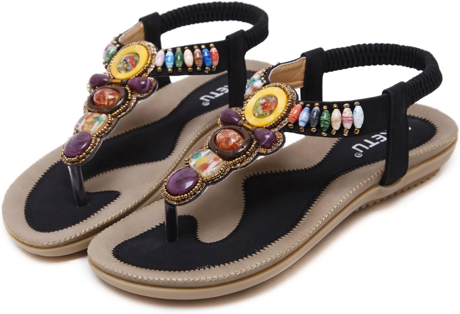 Women T-Strap Beaded Flower Gladiator Flat Dress Sandals Beach Shoes Bohemian Thong Sandal Elastic Back Strap Clip Toe Flats Sandals Summer Bohemian Rhinestone Slingback Beach Flip Flops Shoes