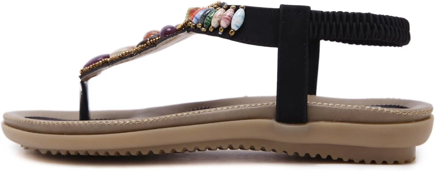 Women T-Strap Beaded Flower Gladiator Flat Dress Sandals Beach Shoes Bohemian Thong Sandal Elastic Back Strap Clip Toe Flats Sandals Summer Bohemian Rhinestone Slingback Beach Flip Flops Shoes