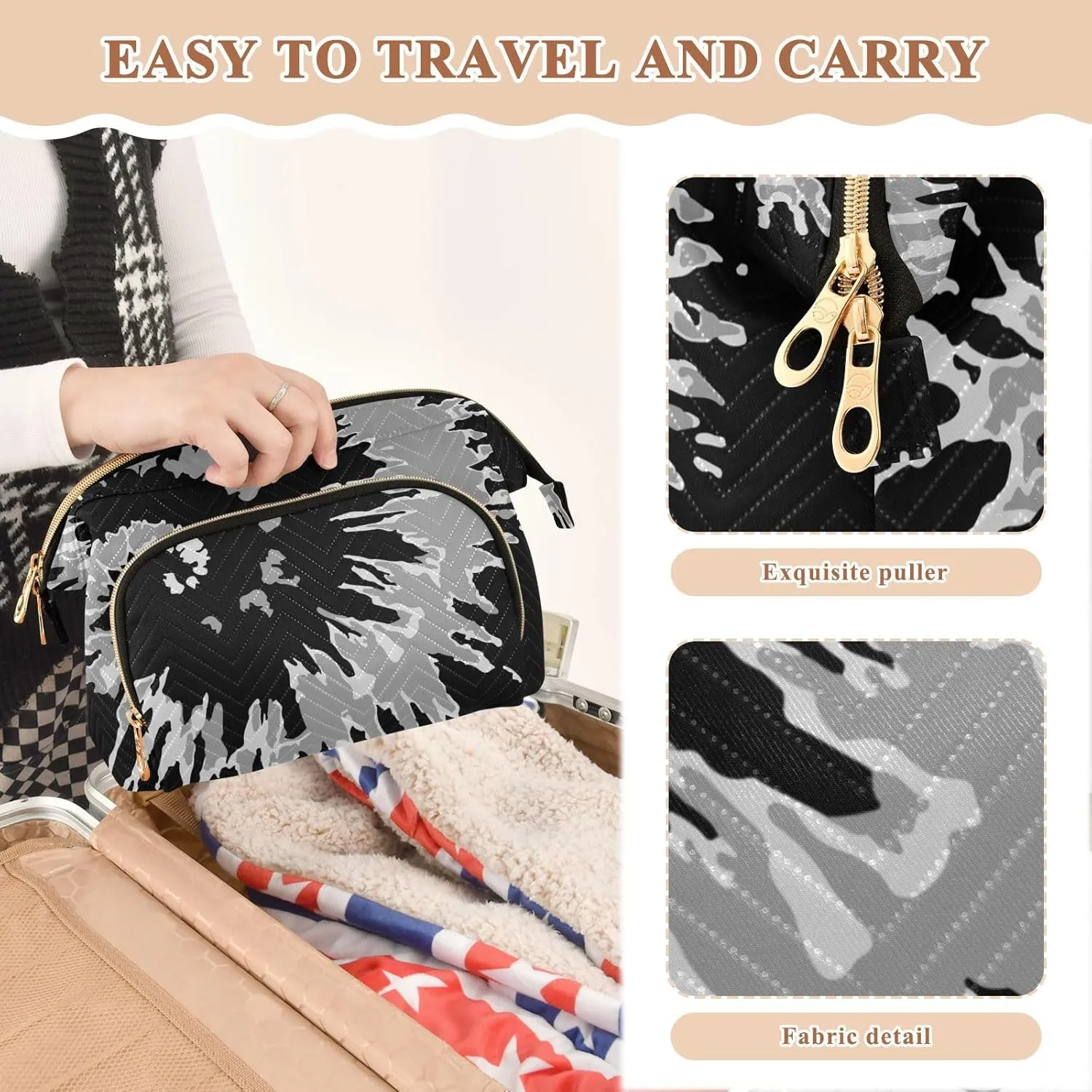 Women Wave Quilt Cosmetic Bag, Storage Pouch Handbag Makeup Case Zipper Toiletry Purse Holder Organizer 10.2x5.9x6.7 in Black Grey White Swirl Tie Dye Background