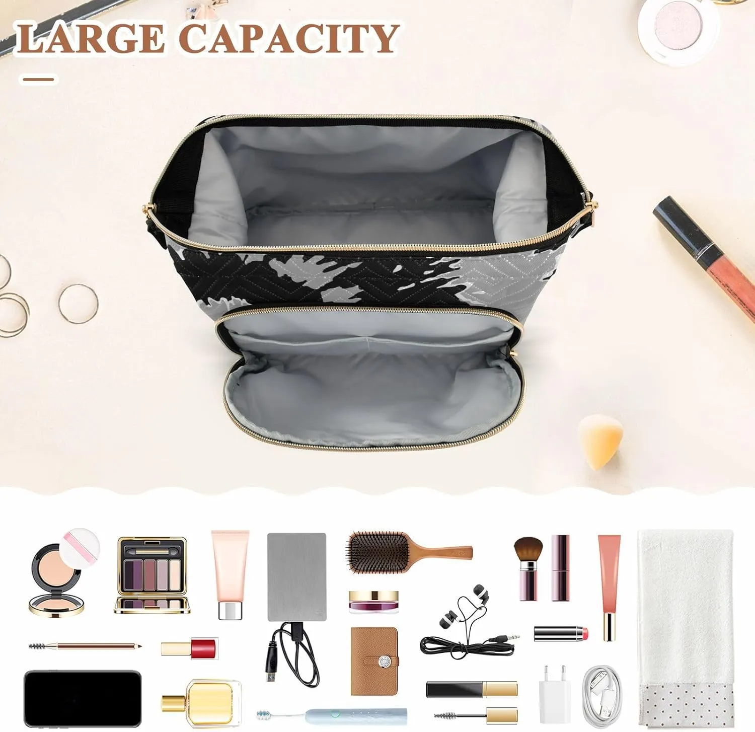 Women Wave Quilt Cosmetic Bag, Storage Pouch Handbag Makeup Case Zipper Toiletry Purse Holder Organizer 10.2x5.9x6.7 in Black Grey White Swirl Tie Dye Background