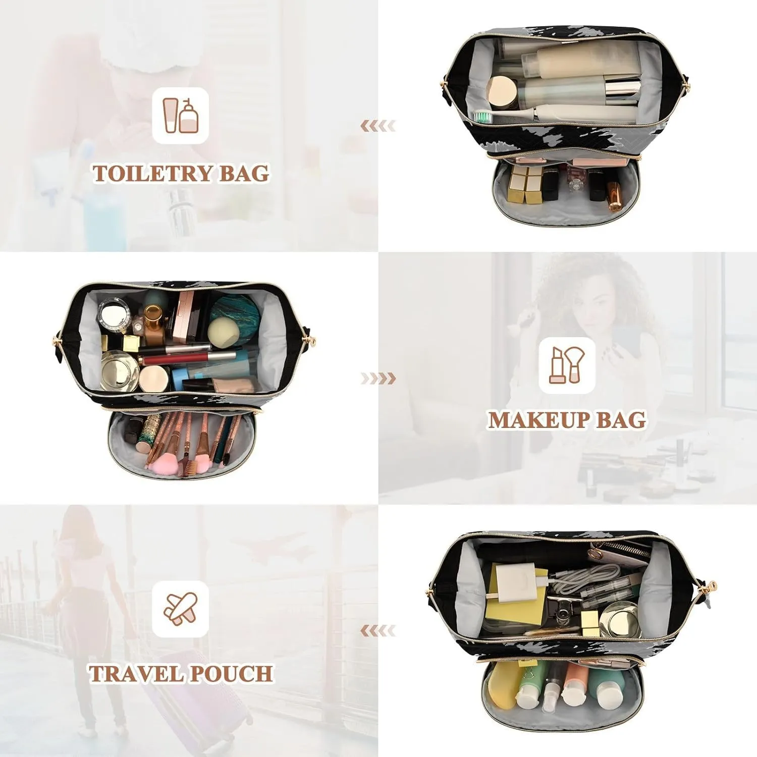 Women Wave Quilt Cosmetic Bag, Storage Pouch Handbag Makeup Case Zipper Toiletry Purse Holder Organizer 10.2x5.9x6.7 in Black Grey White Swirl Tie Dye Background