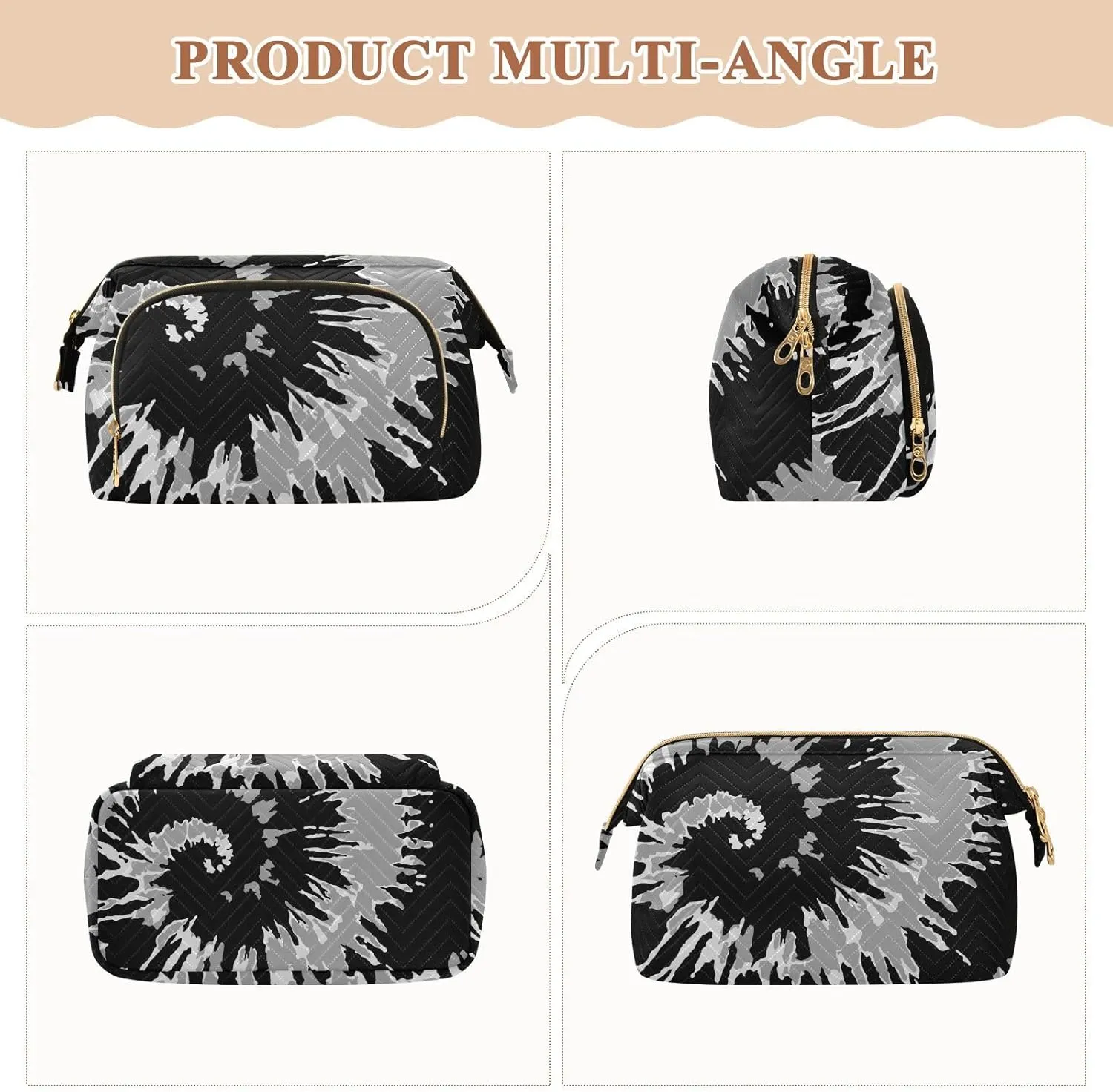 Women Wave Quilt Cosmetic Bag, Storage Pouch Handbag Makeup Case Zipper Toiletry Purse Holder Organizer 10.2x5.9x6.7 in Black Grey White Swirl Tie Dye Background