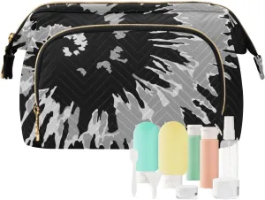 Women Wave Quilt Cosmetic Bag, Storage Pouch Handbag Makeup Case Zipper Toiletry Purse Holder Organizer 10.2x5.9x6.7 in Black Grey White Swirl Tie Dye Background