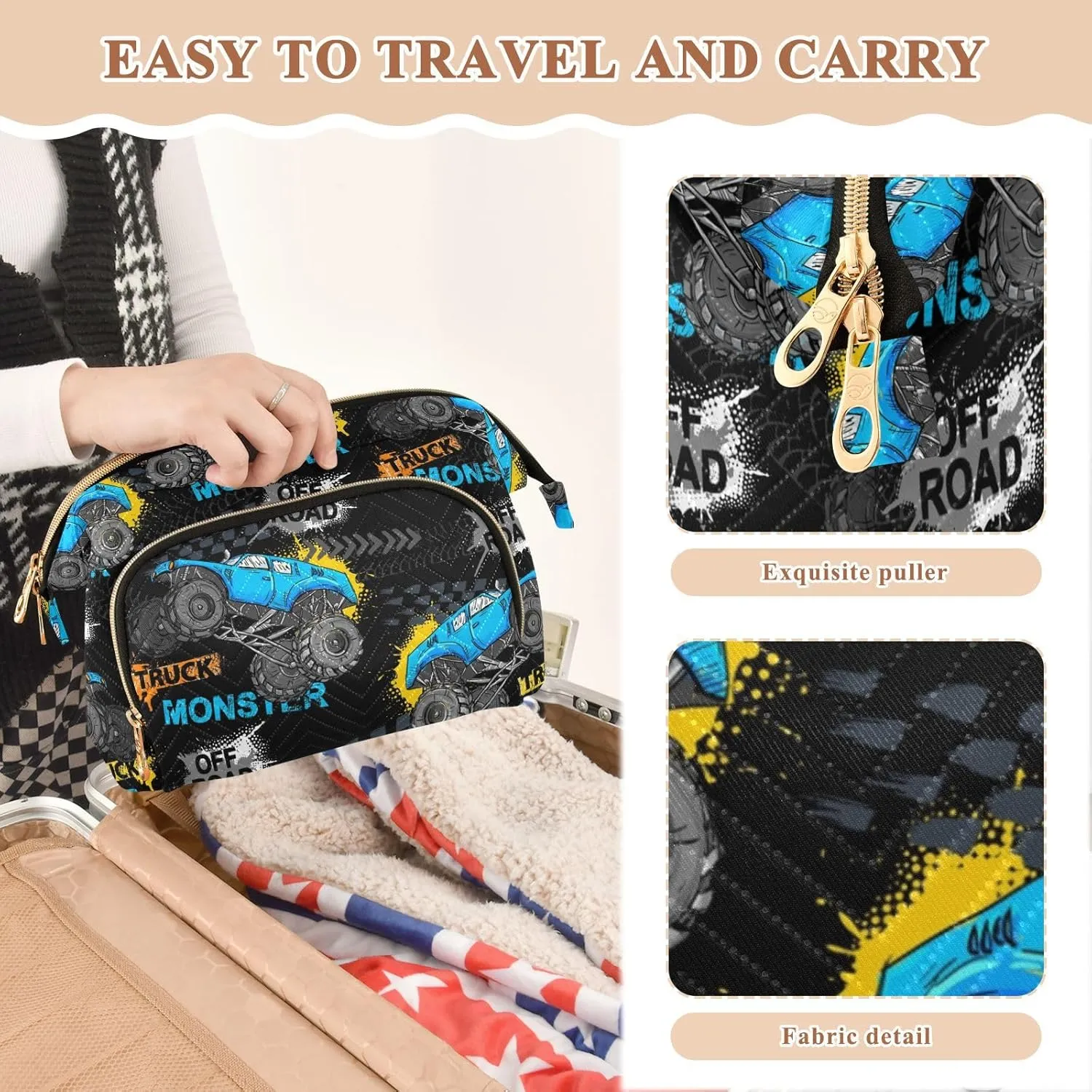 Women Wave Quilt Cosmetic Bag, Storage Pouch Handbag Makeup Case Zipper Toiletry Purse Holder Organizer 10.2x5.9x6.7 in Blue Truck Car, Trace of Tire, Drive and Speed on Black