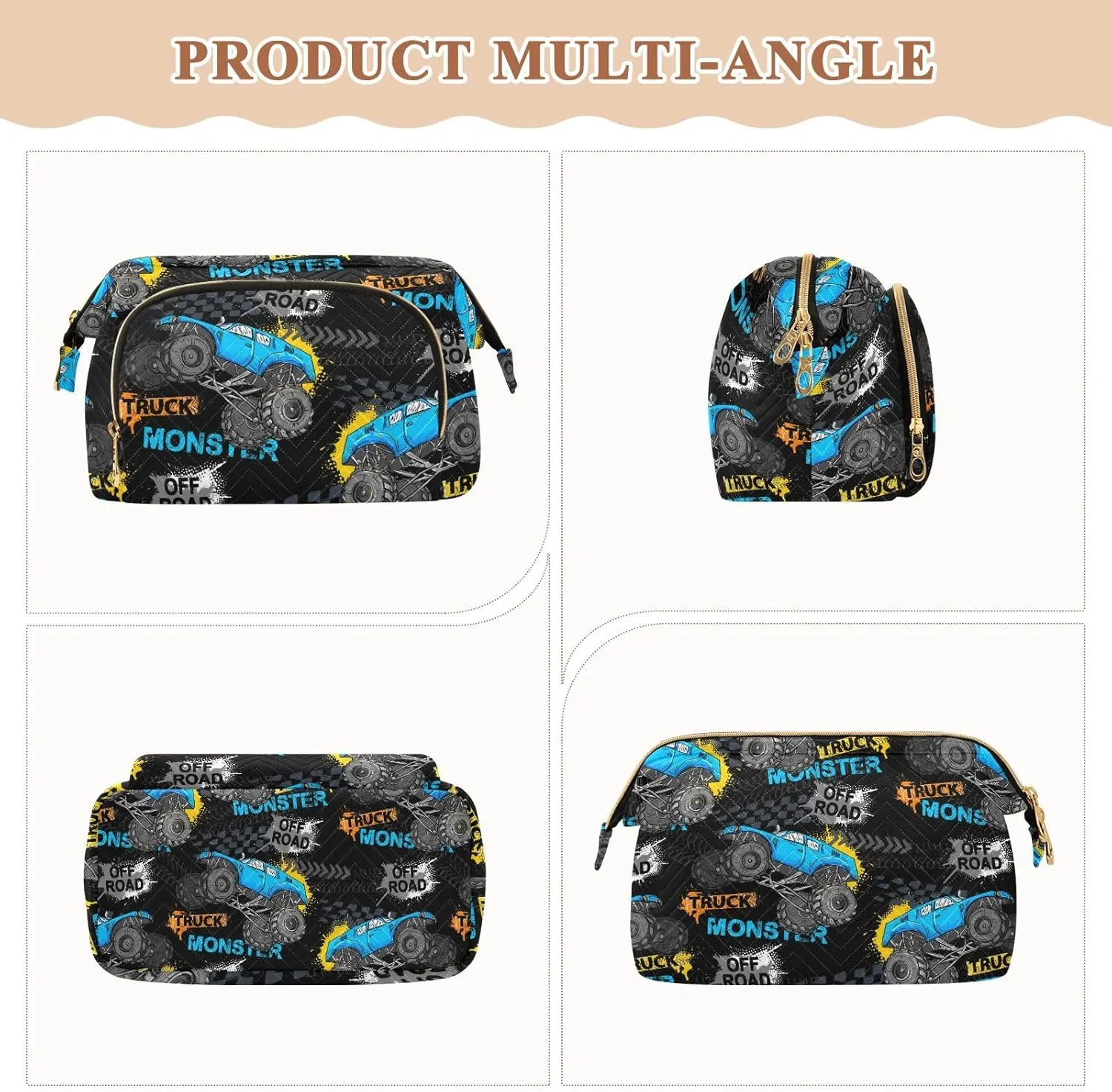 Women Wave Quilt Cosmetic Bag, Storage Pouch Handbag Makeup Case Zipper Toiletry Purse Holder Organizer 10.2x5.9x6.7 in Blue Truck Car, Trace of Tire, Drive and Speed on Black