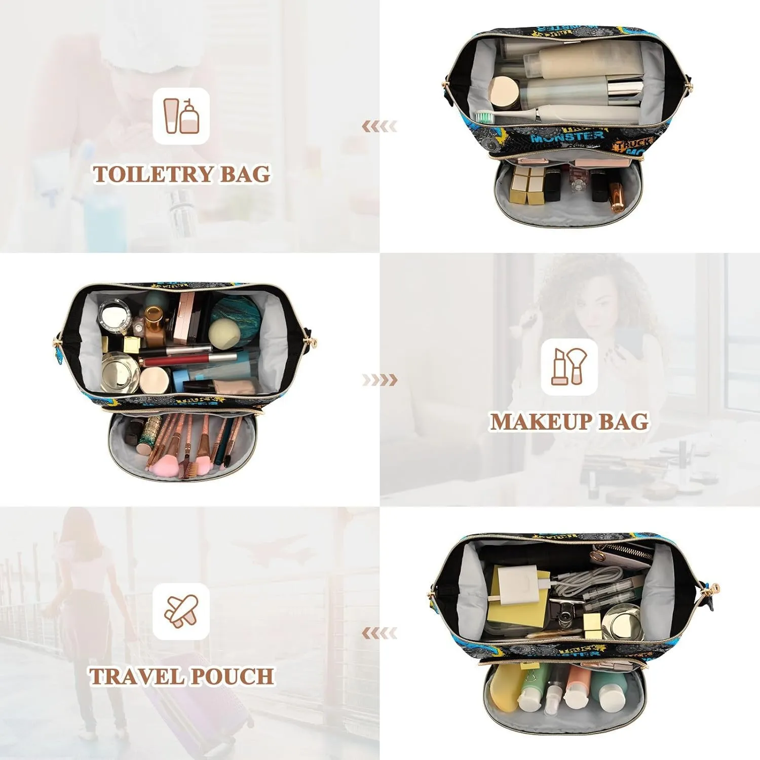 Women Wave Quilt Cosmetic Bag, Storage Pouch Handbag Makeup Case Zipper Toiletry Purse Holder Organizer 10.2x5.9x6.7 in Blue Truck Car, Trace of Tire, Drive and Speed on Black