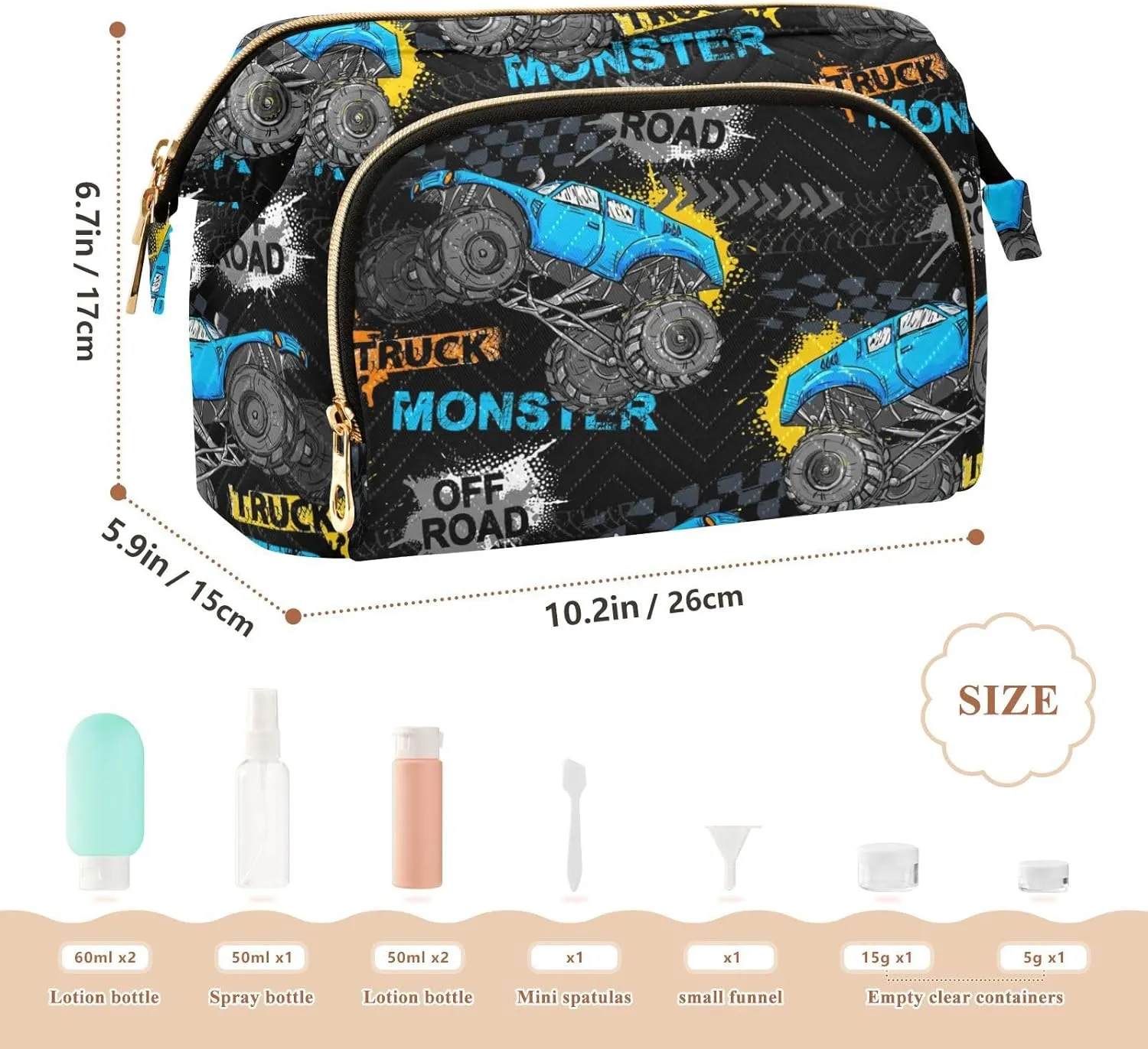 Women Wave Quilt Cosmetic Bag, Storage Pouch Handbag Makeup Case Zipper Toiletry Purse Holder Organizer 10.2x5.9x6.7 in Blue Truck Car, Trace of Tire, Drive and Speed on Black