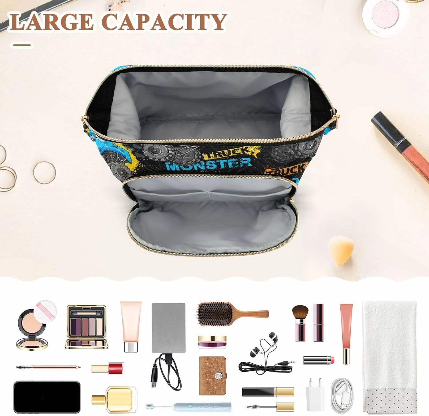 Women Wave Quilt Cosmetic Bag, Storage Pouch Handbag Makeup Case Zipper Toiletry Purse Holder Organizer 10.2x5.9x6.7 in Blue Truck Car, Trace of Tire, Drive and Speed on Black
