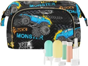Women Wave Quilt Cosmetic Bag, Storage Pouch Handbag Makeup Case Zipper Toiletry Purse Holder Organizer 10.2x5.9x6.7 in Blue Truck Car, Trace of Tire, Drive and Speed on Black