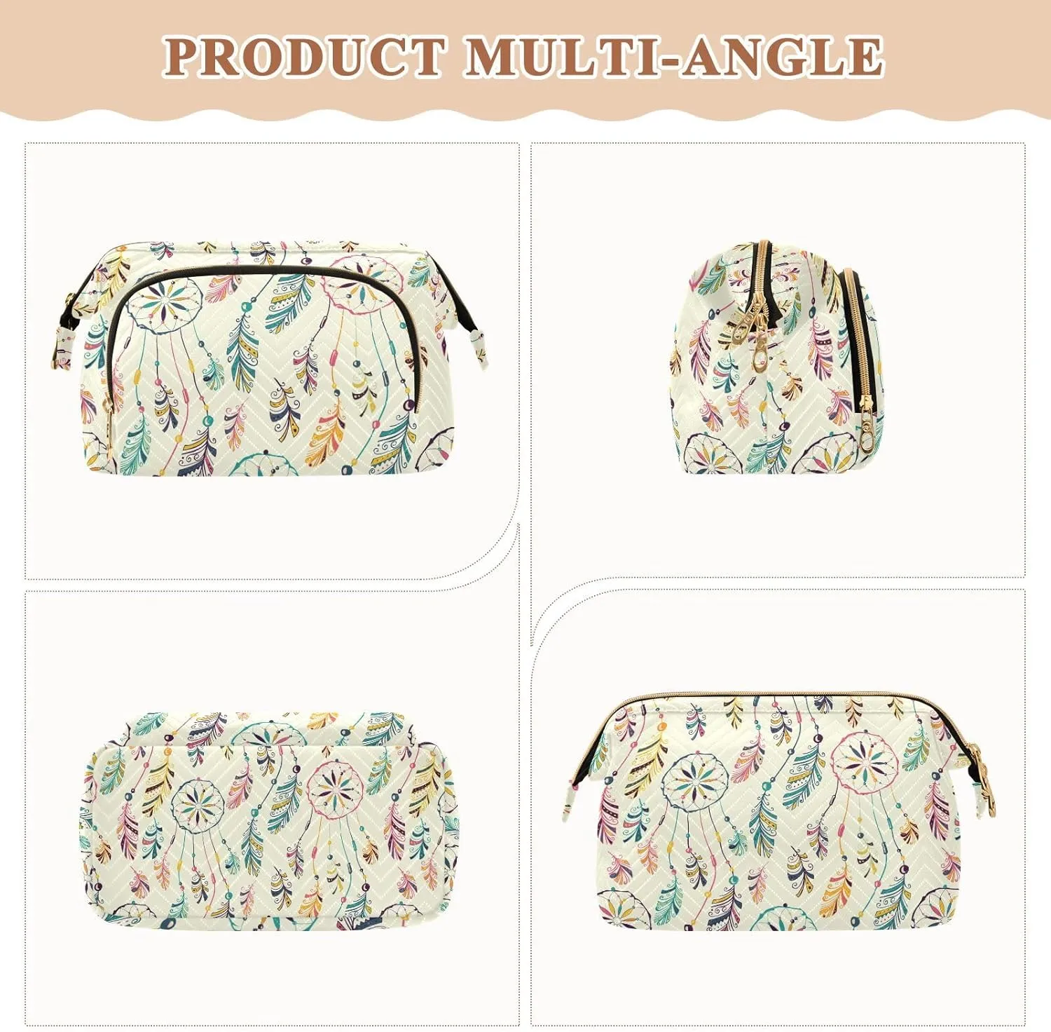 Women Wave Quilt Cosmetic Bag, Storage Pouch Handbag Makeup Case Zipper Toiletry Purse Holder Organizer 10.2x5.9x6.7 in Colorful Hand Drawn Native American Dreamcatcher