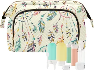 Women Wave Quilt Cosmetic Bag, Storage Pouch Handbag Makeup Case Zipper Toiletry Purse Holder Organizer 10.2x5.9x6.7 in Colorful Hand Drawn Native American Dreamcatcher