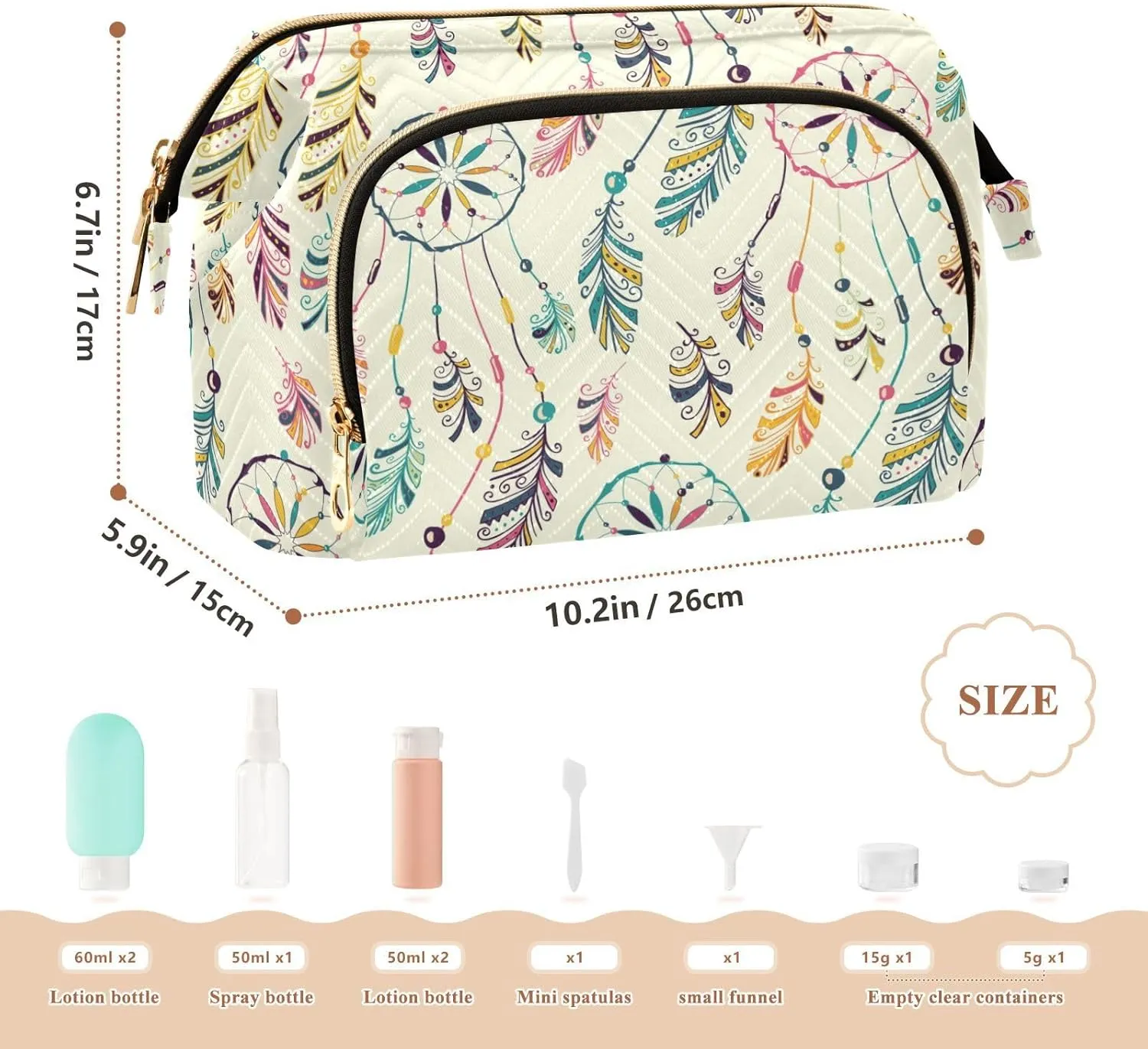 Women Wave Quilt Cosmetic Bag, Storage Pouch Handbag Makeup Case Zipper Toiletry Purse Holder Organizer 10.2x5.9x6.7 in Colorful Hand Drawn Native American Dreamcatcher