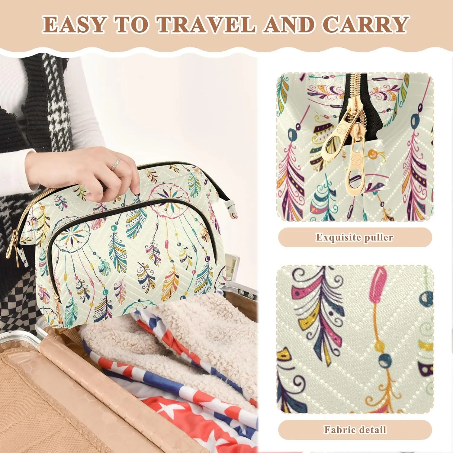 Women Wave Quilt Cosmetic Bag, Storage Pouch Handbag Makeup Case Zipper Toiletry Purse Holder Organizer 10.2x5.9x6.7 in Colorful Hand Drawn Native American Dreamcatcher