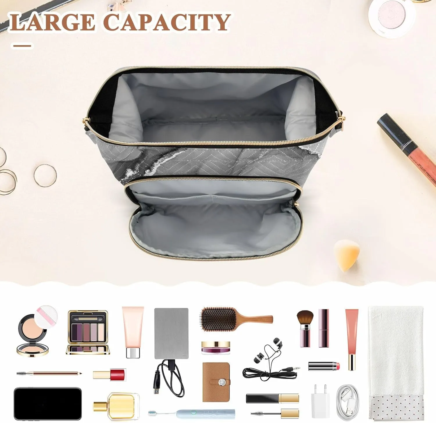 Women Wave Quilt Cosmetic Bag, Storage Pouch Handbag Makeup Case Zipper Toiletry Purse Holder Organizer 10.2x5.9x6.7 in Mixing Acrylic Paints Grey Marble Texture Modern Art