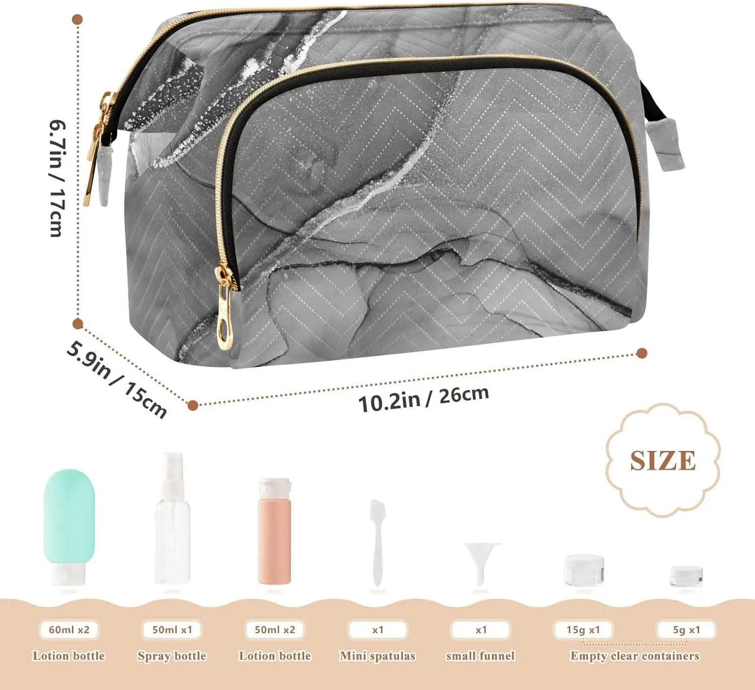 Women Wave Quilt Cosmetic Bag, Storage Pouch Handbag Makeup Case Zipper Toiletry Purse Holder Organizer 10.2x5.9x6.7 in Mixing Acrylic Paints Grey Marble Texture Modern Art