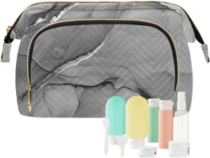 Women Wave Quilt Cosmetic Bag, Storage Pouch Handbag Makeup Case Zipper Toiletry Purse Holder Organizer 10.2x5.9x6.7 in Mixing Acrylic Paints Grey Marble Texture Modern Art