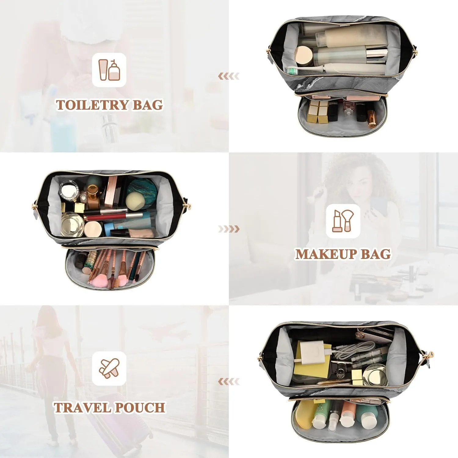 Women Wave Quilt Cosmetic Bag, Storage Pouch Handbag Makeup Case Zipper Toiletry Purse Holder Organizer 10.2x5.9x6.7 in Mixing Acrylic Paints Grey Marble Texture Modern Art