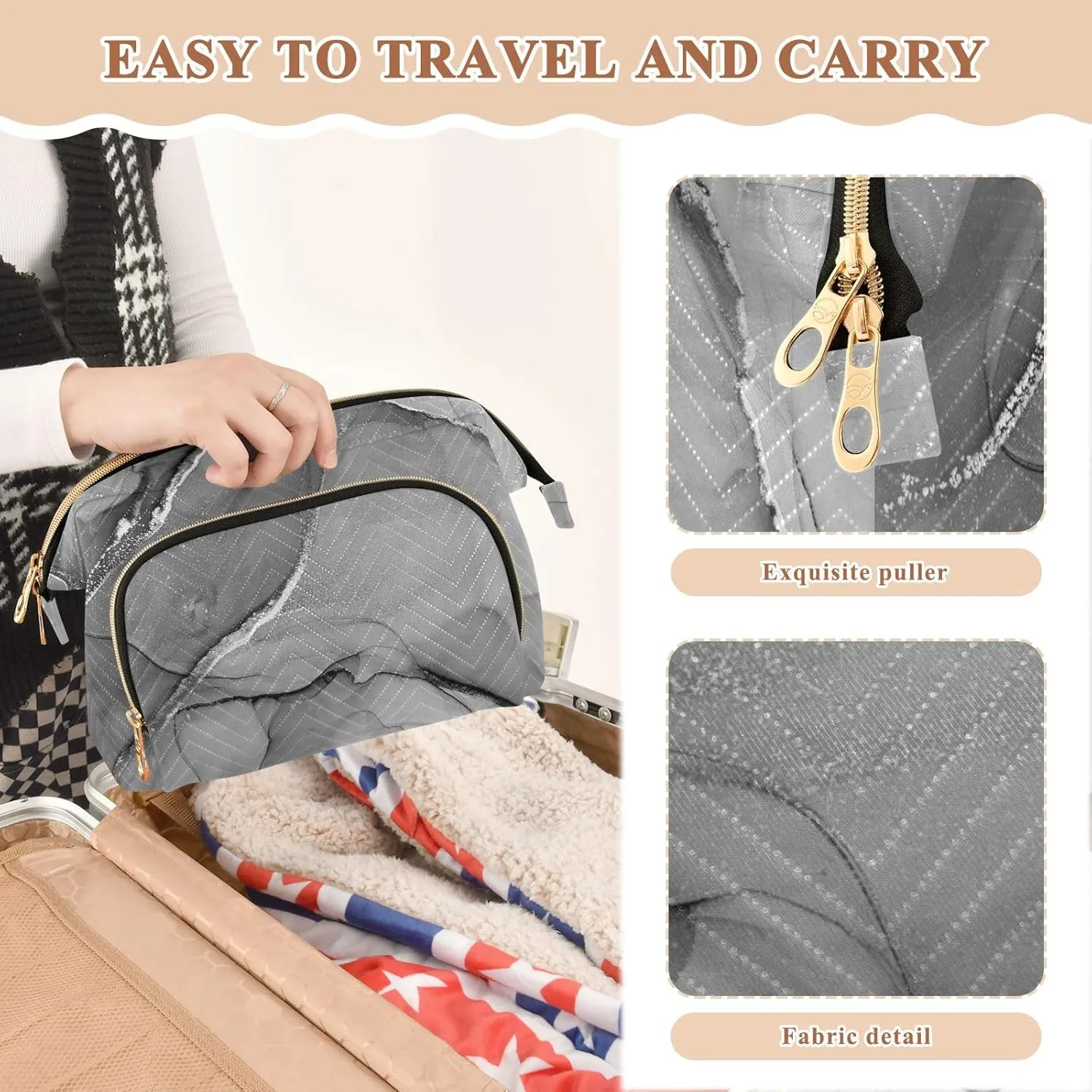 Women Wave Quilt Cosmetic Bag, Storage Pouch Handbag Makeup Case Zipper Toiletry Purse Holder Organizer 10.2x5.9x6.7 in Mixing Acrylic Paints Grey Marble Texture Modern Art