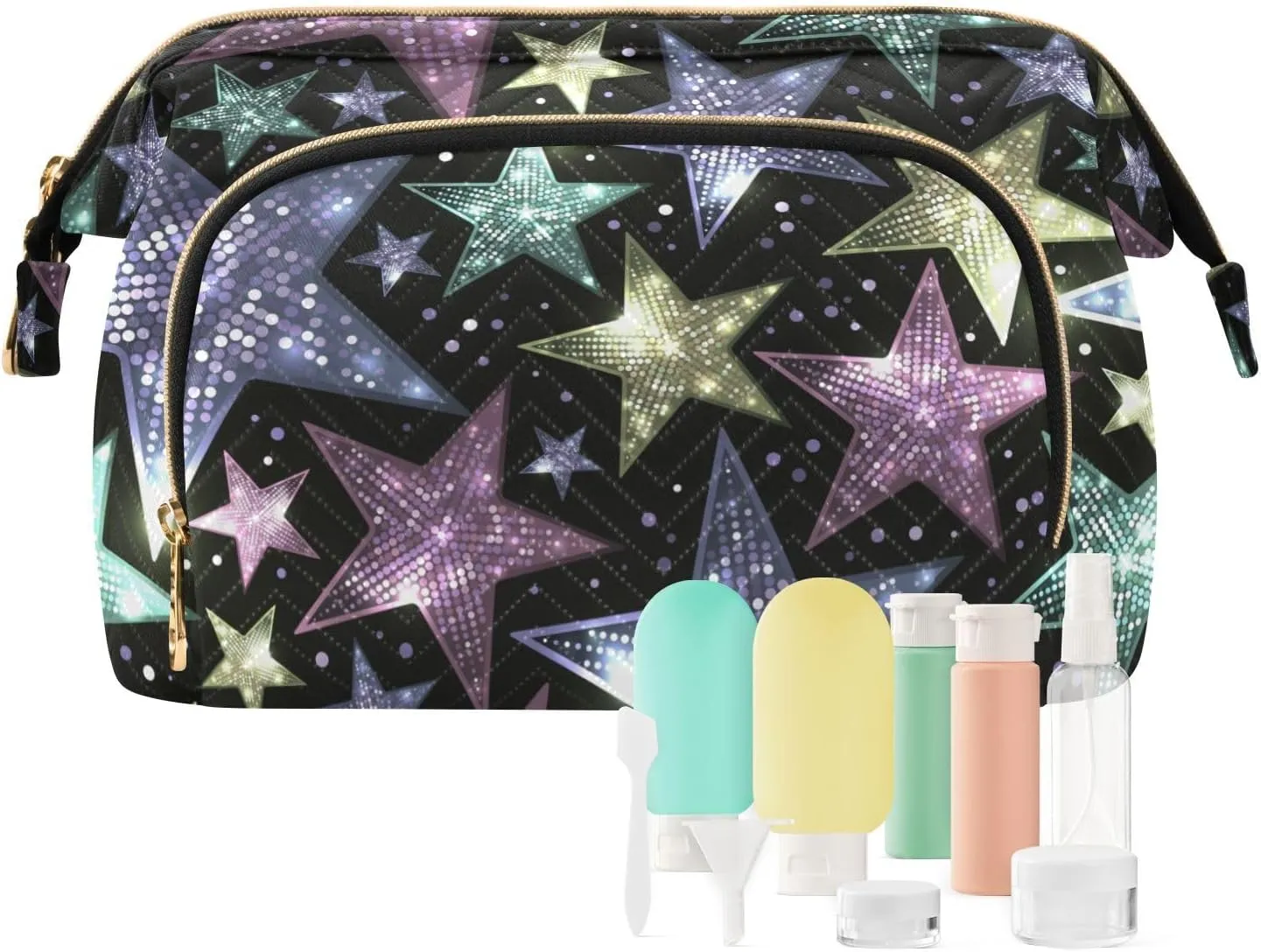 Women Wave Quilt Cosmetic Bag, Storage Pouch Handbag Makeup Case Zipper Toiletry Purse Holder Organizer 10.2x5.9x6.7 in Shiny Sparkles and Sequins in the Form of Stars on a Dark