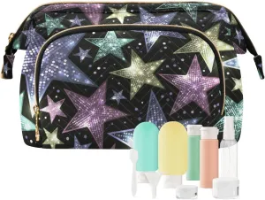 Women Wave Quilt Cosmetic Bag, Storage Pouch Handbag Makeup Case Zipper Toiletry Purse Holder Organizer 10.2x5.9x6.7 in Shiny Sparkles and Sequins in the Form of Stars on a Dark