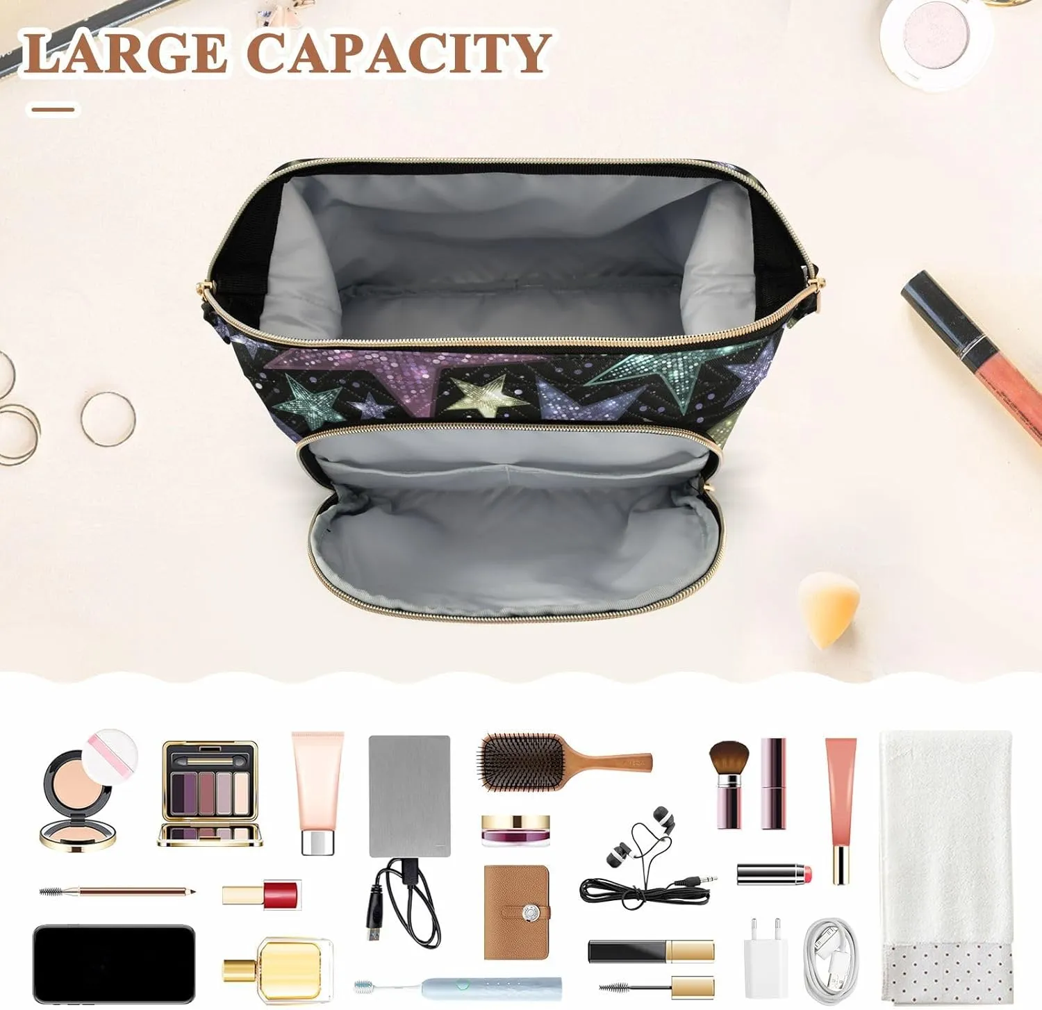Women Wave Quilt Cosmetic Bag, Storage Pouch Handbag Makeup Case Zipper Toiletry Purse Holder Organizer 10.2x5.9x6.7 in Shiny Sparkles and Sequins in the Form of Stars on a Dark