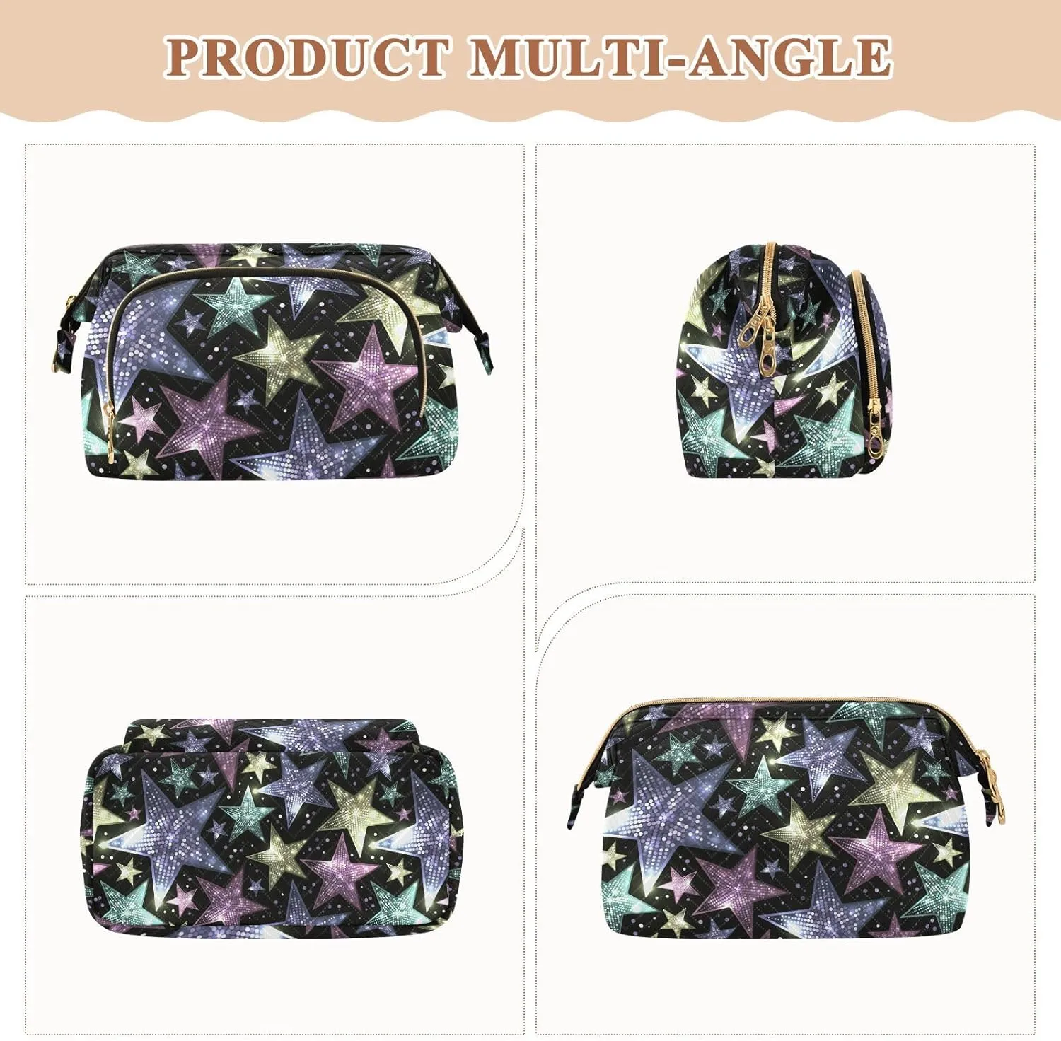 Women Wave Quilt Cosmetic Bag, Storage Pouch Handbag Makeup Case Zipper Toiletry Purse Holder Organizer 10.2x5.9x6.7 in Shiny Sparkles and Sequins in the Form of Stars on a Dark